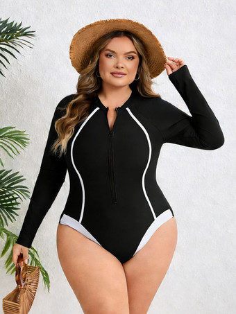 noir Maillot de bain une pièce à manches longues et fermeture éclair sur le devant coupe cintrée avec lignes contrastées
