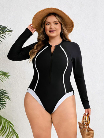 Maillot de bain une pièce à manches longues et fermeture éclair sur le devant coupe cintrée avec lignes contrastées