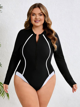 Maillot de bain une pièce à manches longues et fermeture éclair sur le devant coupe cintrée avec lignes contrastées