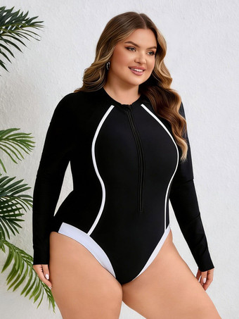 Maillot de bain une pièce à manches longues et fermeture éclair sur le devant coupe cintrée avec lignes contrastées