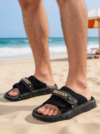 Sandales pour hommes mules à bout ouvert détail chaîne talon compensé