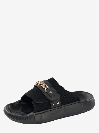 noir Sandales pour hommes mules à bout ouvert détail chaîne talon compensé