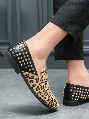 Mocassins homme léopard en daim à bout rond et rivets