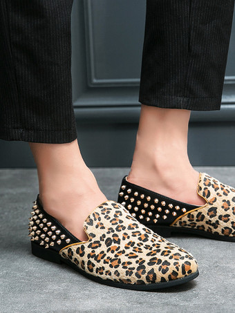Mocassins homme léopard en daim à bout rond et rivets