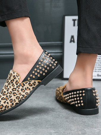 Mocassins homme léopard en daim à bout rond et rivets