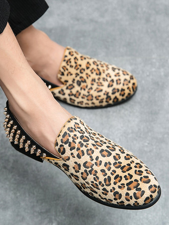 Mocassins homme léopard en daim à bout rond et rivets