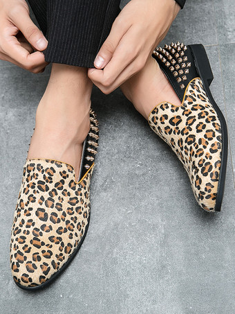 Mocassins homme léopard en daim à bout rond et rivets