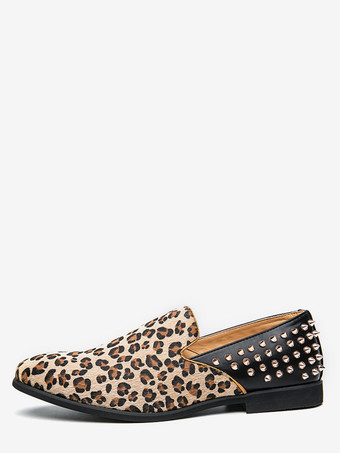 Mocassins homme léopard en daim à bout rond et rivets