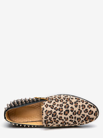 Mocassins homme léopard en daim à bout rond et rivets