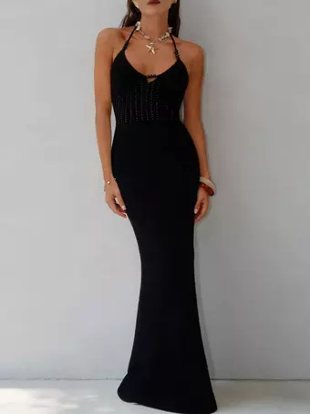 bodycon mermaid maxi dress TIE STRAP BOW DETAIL BODYCON MERMAID MAXI DRESS DS / Black / M