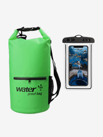 グリーン 2-in-1防水ドライバッグ（外側ジッパーポケット付き）、お揃いのスマホ用ドライバッグ