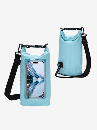 ライトスカイブルー前面に透明なスマホ用ウィンドウが付いた、2つのコンパートメントを備えた防水ドライバッグ