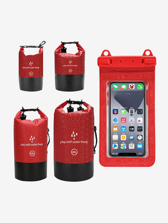 レッド 2-in-1 ロールトップ防水ドライバッグと、お揃いの防水スマホケース
