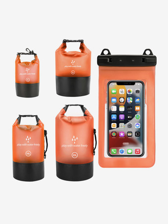 オレンジ 2-in-1 ロールトップ防水ドライバッグと、お揃いの防水スマホケース