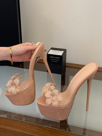 ヌードカラーのセクシーなサンダル、プラットフォーム、オープントゥ、花柄ディテール、バックレスサンダルスリッパ