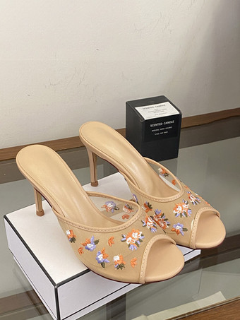 アプリコットピンクメッシュサンダルスリッパ、オープントゥ、花柄プリント、ハイヒールサンダルスライド