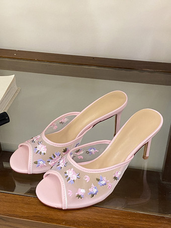 ピンクピンクメッシュサンダルスリッパ、オープントゥ、花柄プリント、ハイヒールサンダルスライド