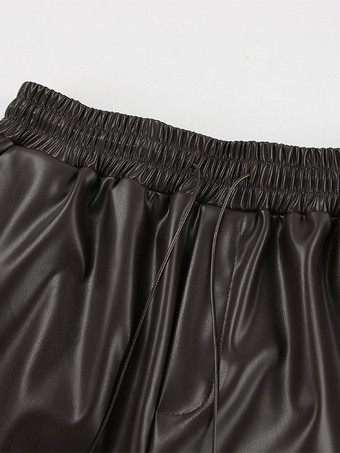 ウエストゴム、ドローストリング付き、フェイクレザーのワイドレッグパンツ