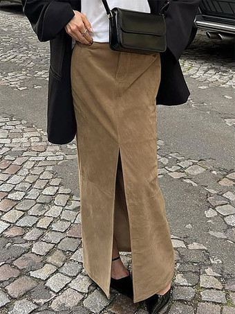 kaki Jupe maxi vintage kaki en faux daim fente sur le devant taille haute