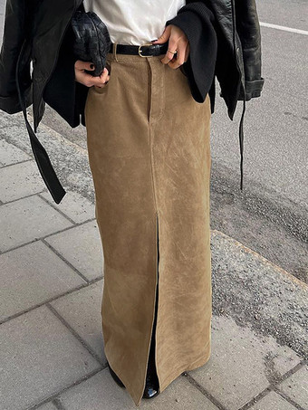 Jupe maxi vintage kaki en faux daim fente sur le devant taille haute