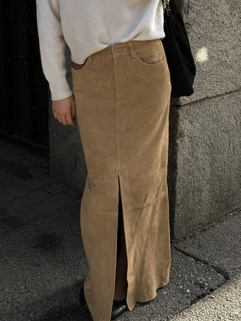 Jupe maxi vintage kaki en faux daim fente sur le devant taille haute