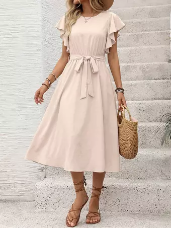 summer casual midi dress Women's Summer Casual Flutter Short Sleeve Crew Neck Smocked Elastic Waist Tiered Midi Dress Comfy Summer Dresses Women Vintage Dress Maxi Dress