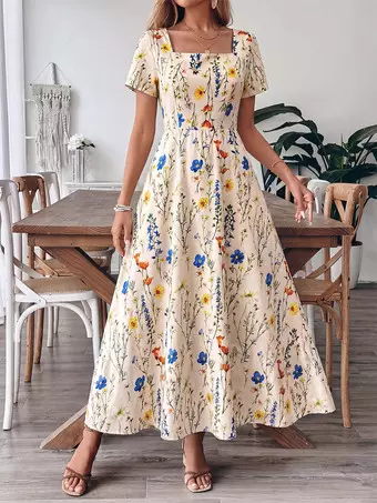 square neck short sleeve maxi dress PRETTYGARDEN Womens Summer Puff Short Sleeve Maxi Dress Square Neck Sm