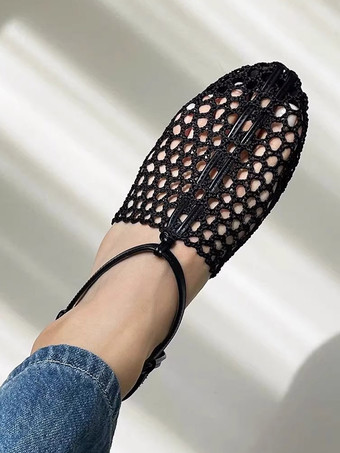 ブラック ブラウンのフラットサンダル、ラウンドトゥ、カットアウト、レースアップ、夏用フラットシューズ