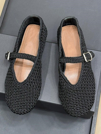 ブラック ブラック バレエシューズ ステイン ラウンドトゥ バックルディテール フラットシューズ