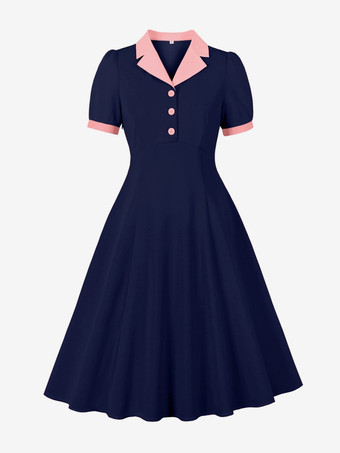 1950年代ヴィンテージ ラペルカラー スイングドレス パフスリーブ 半袖 ボタン レトロ ロカビリードレス