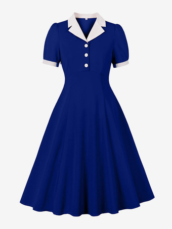 1950年代ヴィンテージ ラペルカラー スイングドレス パフスリーブ 半袖 ボタン レトロ ロカビリードレス
