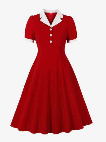 1950年代ヴィンテージ ラペルカラー スイングドレス パフスリーブ 半袖 ボタン レトロ ロカビリードレス