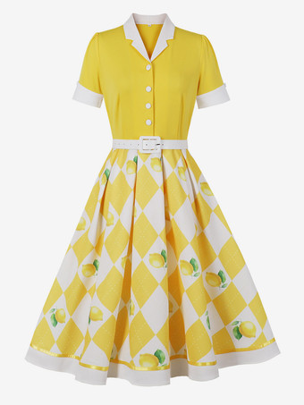 イエロー1950年代ヴィンテージフルーツプリントスイングドレス、コントラストカラー、パフスリーブ、ベルト付きミディドレス