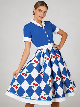 1950年代ヴィンテージフルーツプリントスイングドレス、コントラストカラー、パフスリーブ、ベルト付きミディドレス