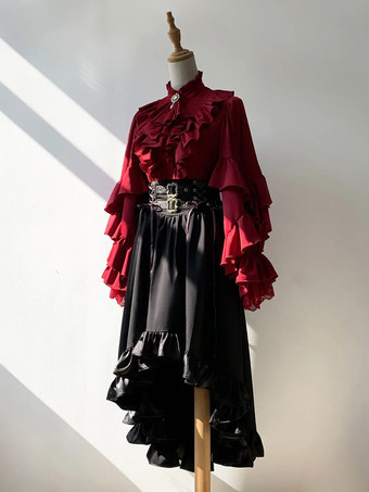 Jupe midi noire à corset gothique taille haute volants et ourlet asymétrique