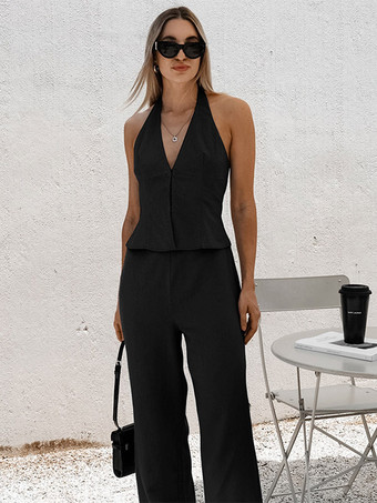 noir Ensemble deux pièces pour femme : débardeur court zippé à col V et pantalon large.