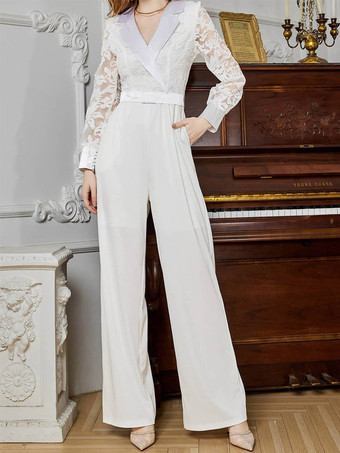 blanc Combinaison blanche à manches longues en dentelle taille haute et jambes larges style nuptial.