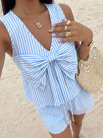 Ensemble 2 pièces pour femme : haut court sans manches à rayures verticales et col en V avec grand nœud et short élastique