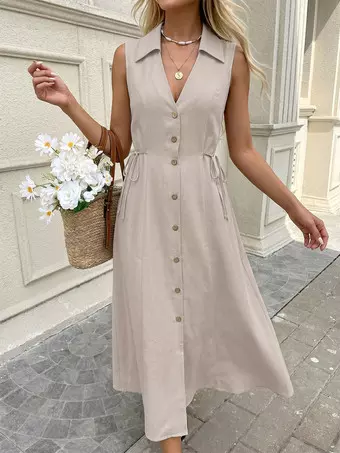 collared shirt dress White Linen Cotton Midi Shirt Dress with Button Front and Collar