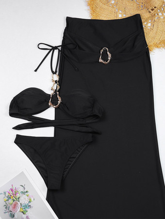 Ensemble maillot de bain et cache-maillots noirs sexy sans manches soutien-gorge dos nu et jupe longue.