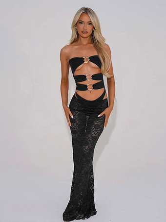 ブラック 水着セット ブラック セクシー レース 服 ストラップレス ノースリーブ Tバック ロングスカート ブラセット