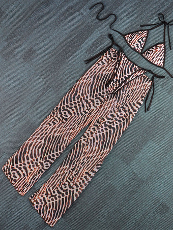 Ensemble maillot de bain léopard sexy à bretelles décolleté pantalon sans manches soutien-gorge dos nu