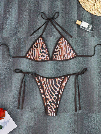Ensemble maillot de bain léopard sexy à bretelles décolleté pantalon sans manches soutien-gorge dos nu