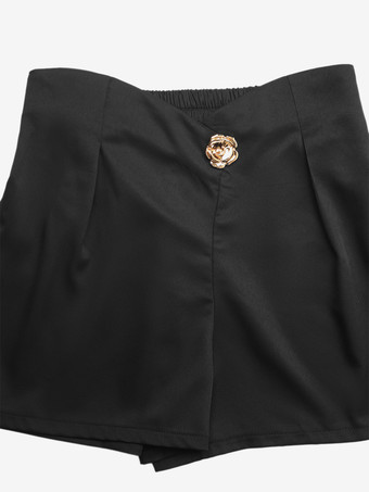 レディース ハイウエスト プリーツ ショートパンツ ゴールドボタン装飾 伸縮性のあるバック カジュアル ドレッシー ショートパンツ