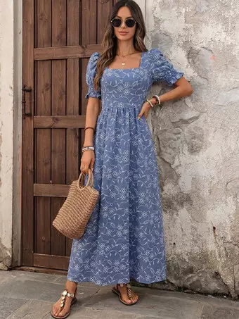 blue casual dress Floral-Print Midi Summer Dress: Solene Blue Floral / XSmall Custom | Slim-Fit Sky Blue