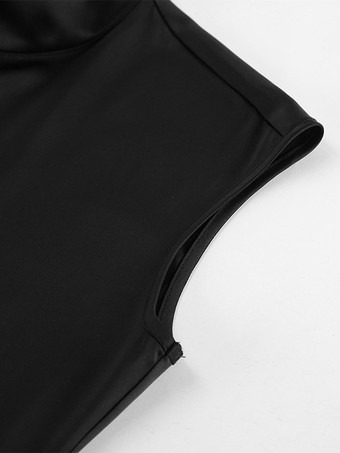 Robe de soirée noire en dentelle sans manches à col montant