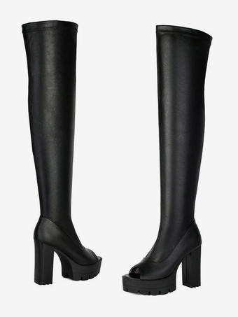 Bottes hautes noires à bout ouvert et plateforme à talon épais