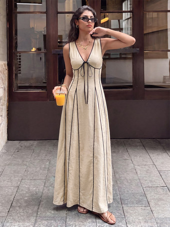 kaki Robe longue d'été fluide à col en V sans manches bicolore chic à lacets idéale pour les vacances.