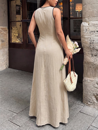 Robe longue d'été fluide à col en V sans manches bicolore chic à lacets idéale pour les vacances.