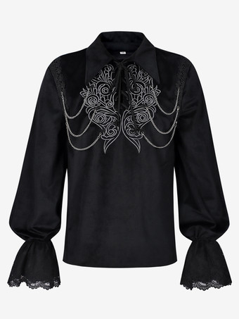Chemise noire rétro médiévale vampire en velours brodé chemise punk à chaînes